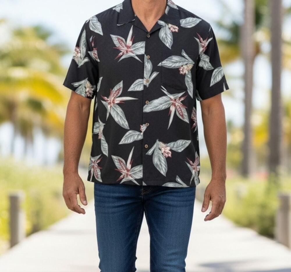 Banana Cabana Silk Hawaiian Shirt Mens XL Black Green Button Up 100% Silk